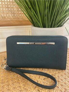 Steve Madden Bzippy Zip Around Dark Teal Wristlet Wallet with Silver Accent
